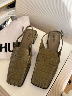 Schutz Olive Croc-Embossed Slingback Loafers with Kitten Heel